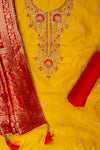Mango Gold Bead, Cutdana, Dabka, Sequence, Zarkan & Threadwork Cotton Unstitched Salwar Suit With Cotton Dupatta