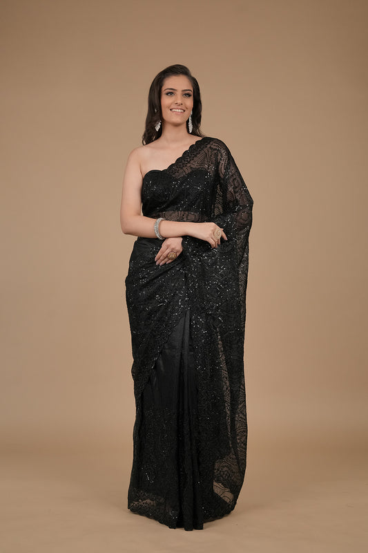 Black Sequence Embroidered Net Saree With Unstitched Blouse