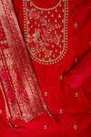 Red Bead, Cutdana, Dabka, Sequence & Zari Threadwork Cotton Unstitched Salwar Suit With Cotton Dupatta