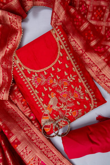 Red Bead, Cutdana, Dabka, Sequence & Zari Threadwork Cotton Unstitched Salwar Suit With Cotton Dupatta