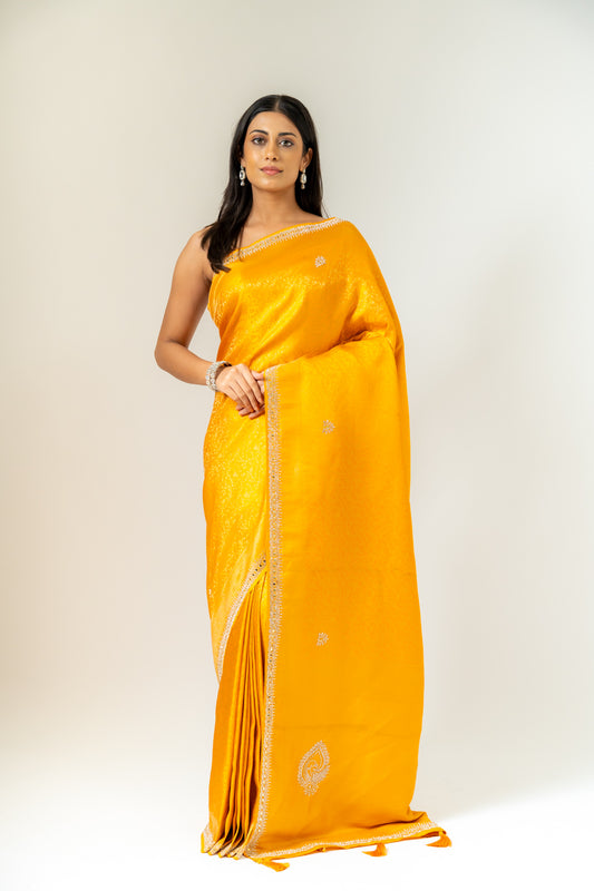 Shine Bright In Mango Gold Banarasi Silk Saree With Unstitched Blouse