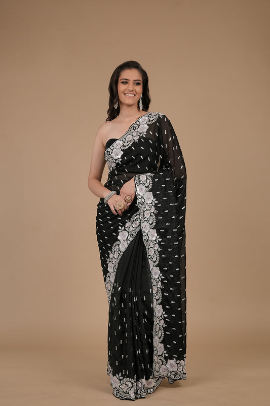 Black Sequence, Threadwork, Embroidered Organza Designer Saree With Unstitched Blouse