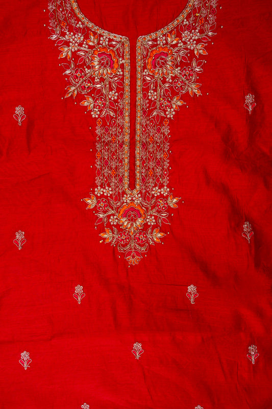 Red Bead, Cutdana, Dabka, Sequence, Zarkan & Threadwork Cotton Unstitched Salwar Suit With Cotton Dupatta