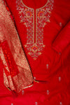 Red Bead, Cutdana, Dabka, Sequence, Zarkan & Threadwork Cotton Unstitched Salwar Suit With Cotton Dupatta