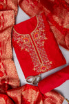 Red Bead, Cutdana, Dabka, Sequence, Zarkan & Threadwork Cotton Unstitched Salwar Suit With Cotton Dupatta