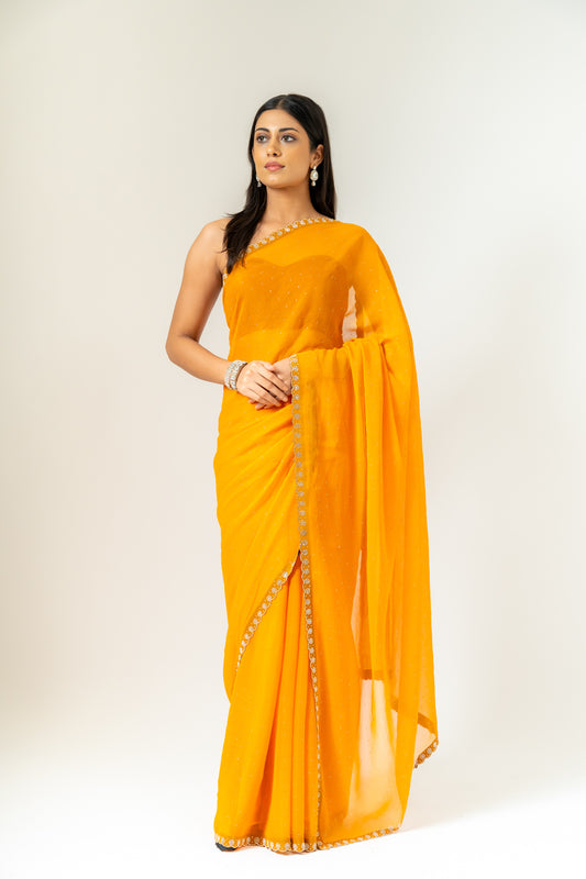Sunshine Charm Mustard Shimmer Saree With Unstitched Blouse