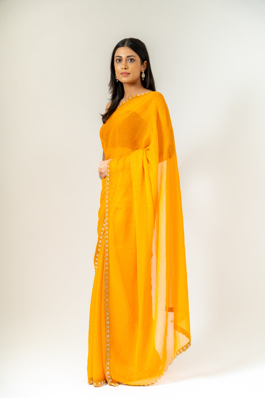 Sunshine Charm Mustard Shimmer Saree With Unstitched Blouse