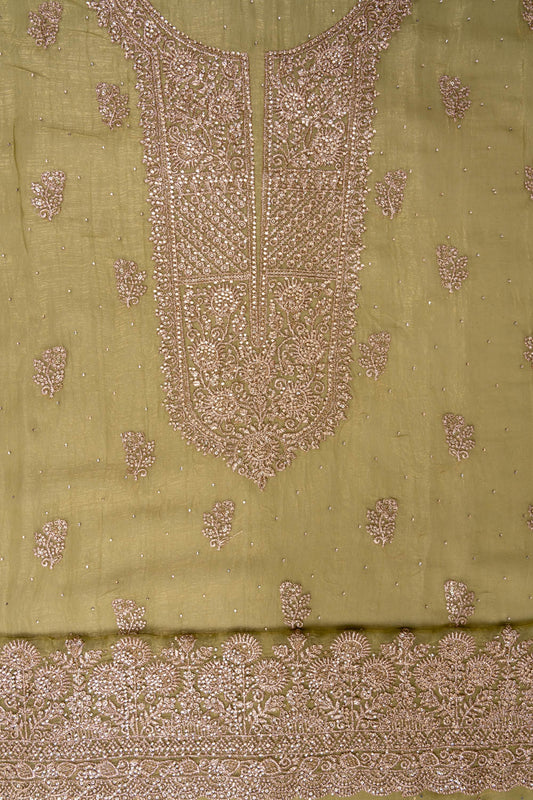 Pista Swarovski, Zarkan & Zari Threadwork Shimmer Unstitched Salwar Suit With Shimmer Dupatta