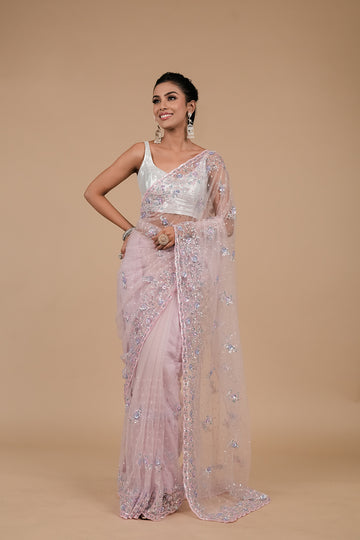 Pink Embroidered Sequence & Cutdana Net Saree With Unstitched Blouse