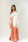 An Ode To Timeless Beauty White Red Banarasi Silk Saree With Unstitched Blouse