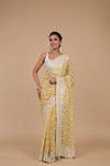 Lemon Gold Sequence embroidered & Threadwork, Embroidery Organza Designer Saree With Unstitched Blouse