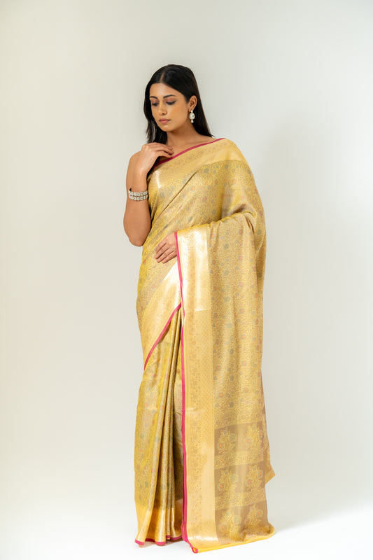 Shine Bright In Mango Gold Banarasi Silk Saree With Unstitched Blouse