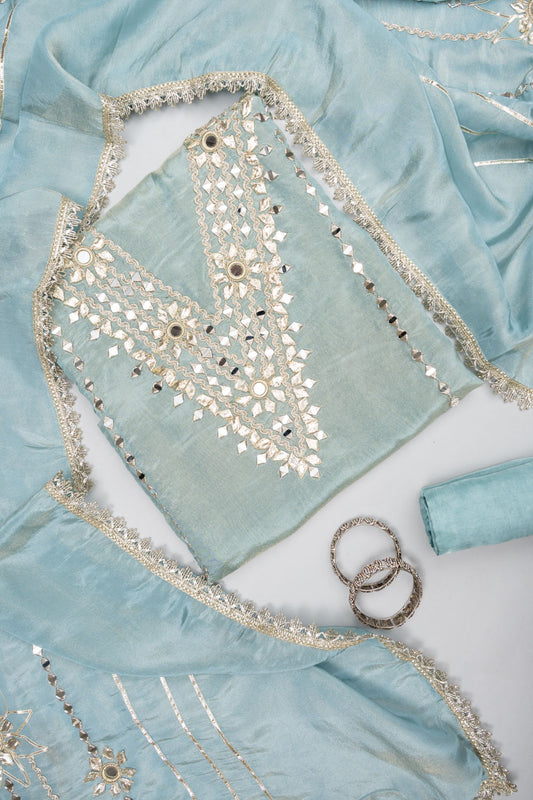 Draped In elegance Grey Shimmer Unstitched Salwar Suit With Oganza Dupatta