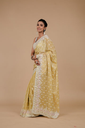 Lemon Gold Sequence embroidered & Threadwork, Embroidery Organza Designer Saree With Unstitched Blouse