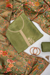 Heritage Charm Mehndi Shimmer Unstitched Salwar Suit With Dola Dupatta