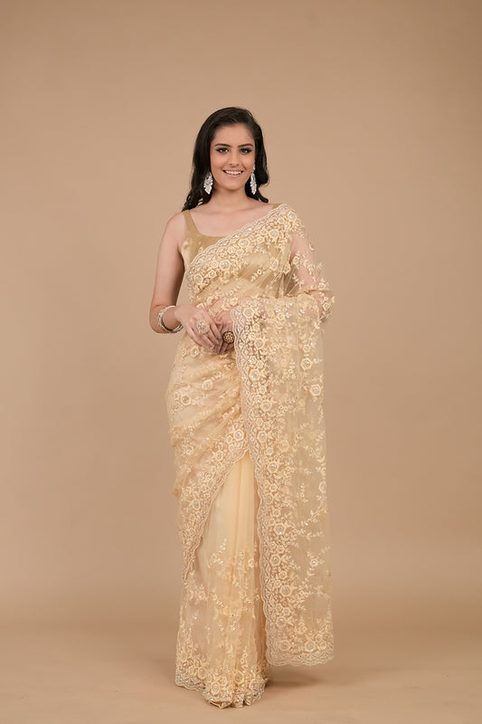 Tussar Threadwork, Embroidery, Sequence Net Saree With Unstitched Blouse