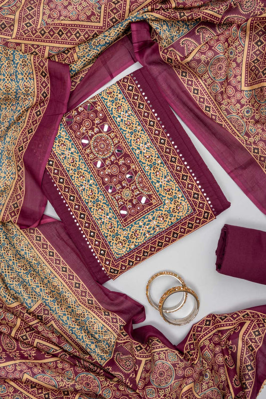 Regal and Radiant Garnet Cotton Unstitched Salwar Suit With Cotton Dupatta