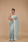 Sky Blue Sequence & Threadwork Embroidered Organza Saree With Unstitched Blouse