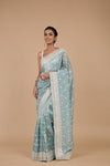 Sky Blue Sequence & Threadwork Embroidered Organza Saree With Unstitched Blouse