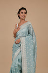 Sky Blue Sequence & Threadwork Embroidered Organza Saree With Unstitched Blouse