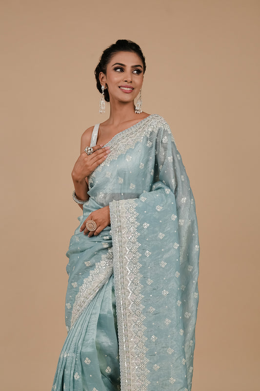 Sky Blue Sequence & Threadwork Embroidered Organza Saree With Unstitched Blouse