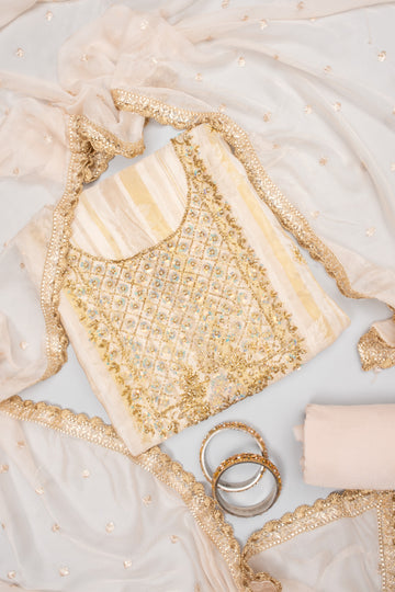 Effortlessly Beautiful Off White Crepe Unstitched Salwar Suit With Crepe Dupatta