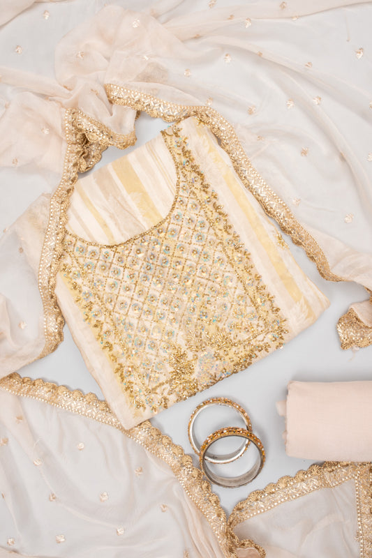Effortlessly Beautiful Off White Crepe Unstitched Salwar Suit With Crepe Dupatta