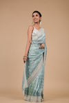 Sky Blue Sequence & Threadwork Embroidered Organza Saree With Unstitched Blouse