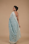 Sky Blue Sequence & Threadwork Embroidered Organza Saree With Unstitched Blouse