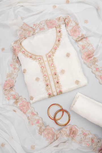 Effortlessly Beautiful White Organza Crepe Unstitched Salwar Suit With Organza Dupatta