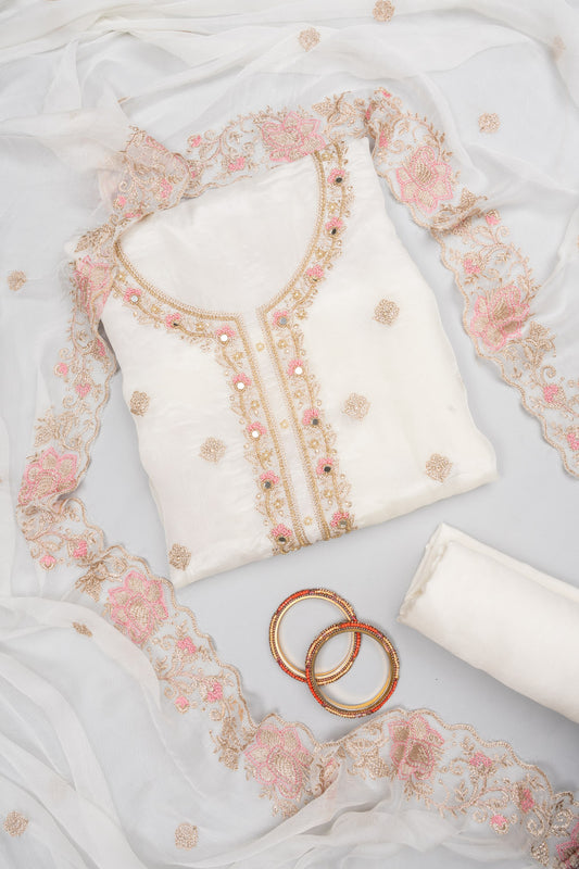 Effortlessly Beautiful White Organza Crepe Unstitched Salwar Suit With Organza Dupatta