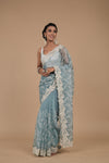 Sky Blue Swarovski, Sequence & Threadwork, Embroidered Organza Saree With Unstitched Blouse