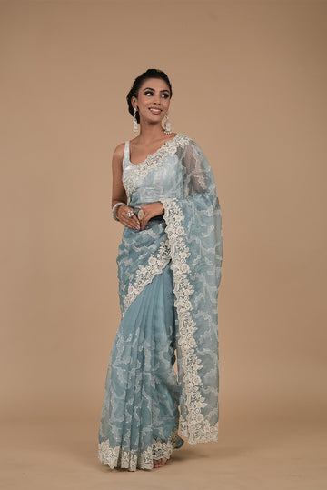 Sky Blue Swarovski, Sequence & Threadwork, Embroidered Organza Saree With Unstitched Blouse