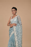 Sky Blue Swarovski, Sequence & Threadwork, Embroidered Organza Saree With Unstitched Blouse