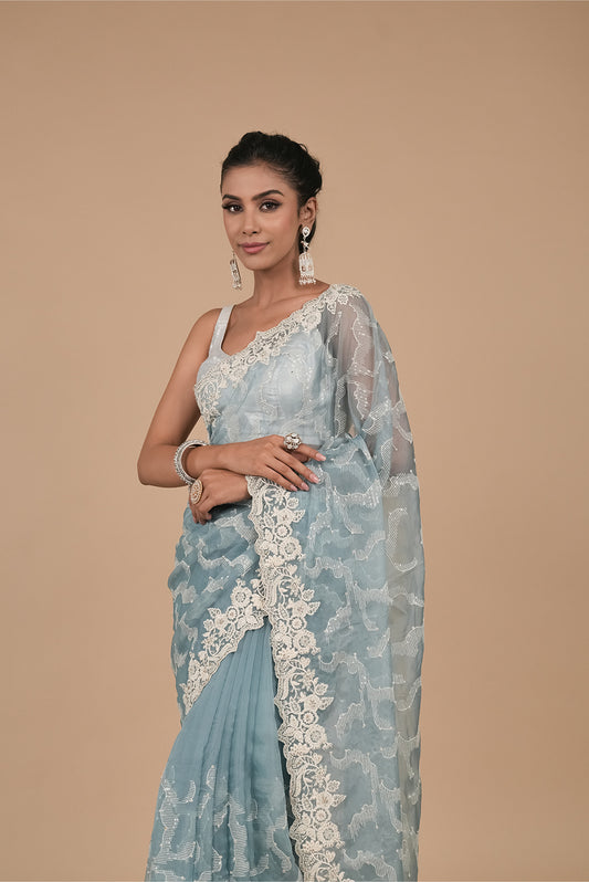 Sky Blue Swarovski, Sequence & Threadwork, Embroidered Organza Saree With Unstitched Blouse