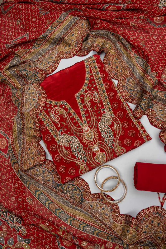 Heritage Heriloom Maroon Crepe Unstitched Salwar Suit With Crepe Dupatta