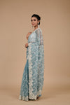 Sky Blue Swarovski, Sequence & Threadwork, Embroidered Organza Saree With Unstitched Blouse