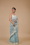 Sky Blue Swarovski, Sequence & Threadwork, Embroidered Organza Saree With Unstitched Blouse