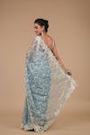 Sky Blue Swarovski, Sequence & Threadwork, Embroidered Organza Saree With Unstitched Blouse