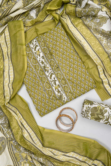 Soft Heritage Pista Cotton Unstitched Salwar Suit With Cotton Dupatta