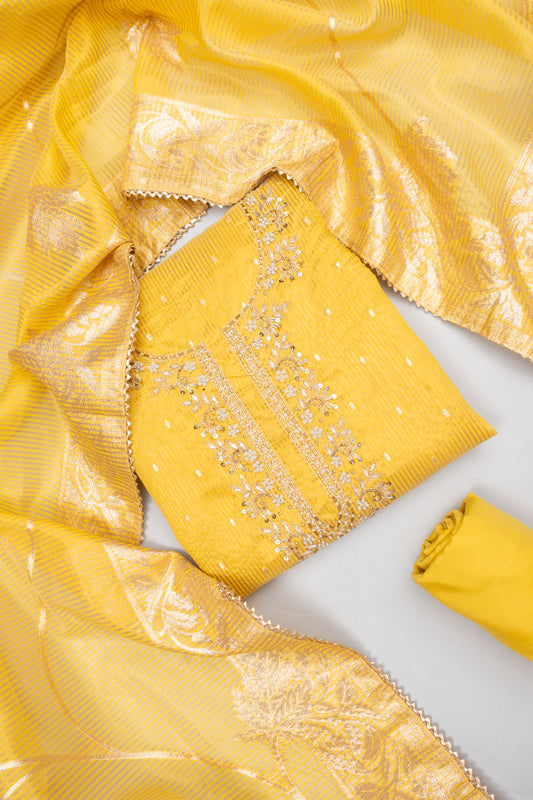 Raw Elegance Mustard Chanderi Cotton Unstitched Salwar Suit With ChanderiCotton Dupatta