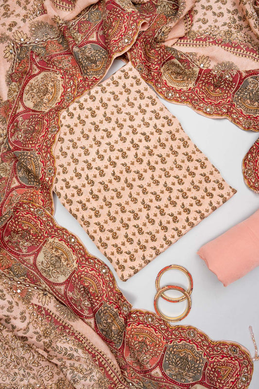 Blush Elegance Peach Crepe Unstitched Salwar Suit With Crepe Dupatta