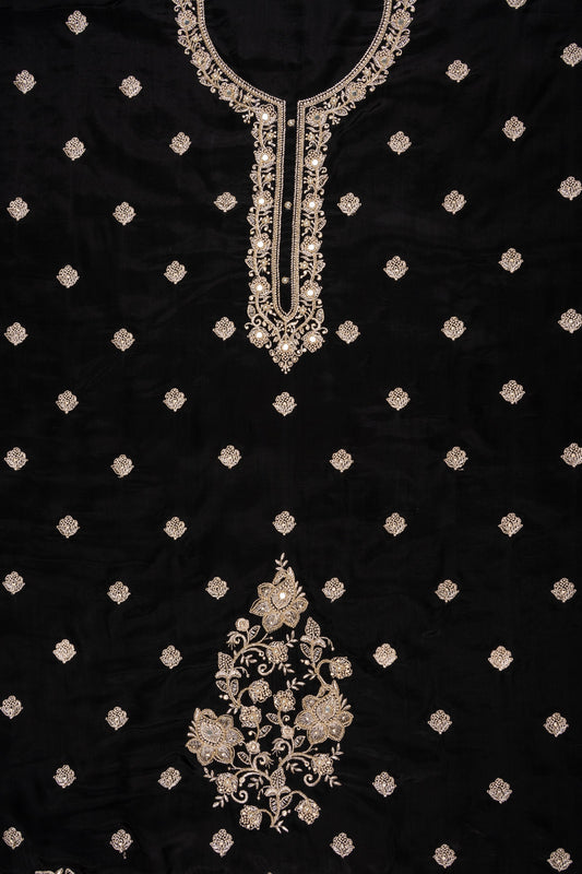 Bold Statement Black Organza Crepe Unstitched Salwar Suit With Organza Dupatta