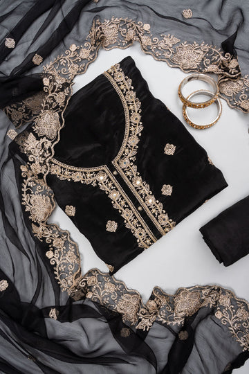 Bold Statement Black Organza Crepe Unstitched Salwar Suit With Organza Dupatta