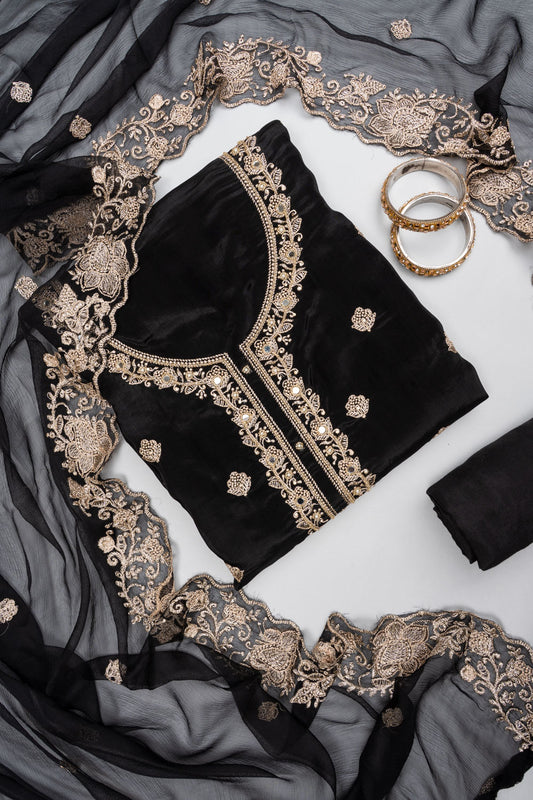 Bold Statement Black Organza Crepe Unstitched Salwar Suit With Organza Dupatta