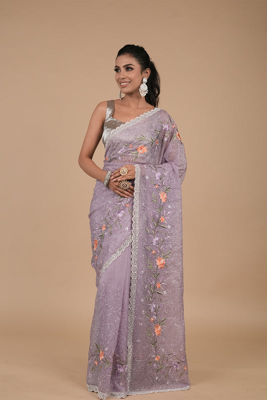 Mauve Sequence & Threadwork, Embroidered Organza Saree With Unstitched Blouse