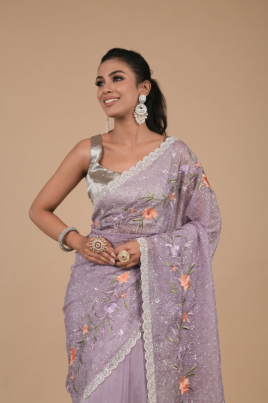 Mauve Sequence & Threadwork, Embroidered Organza Saree With Unstitched Blouse