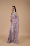 Mauve Sequence & Threadwork, Embroidered Organza Saree With Unstitched Blouse