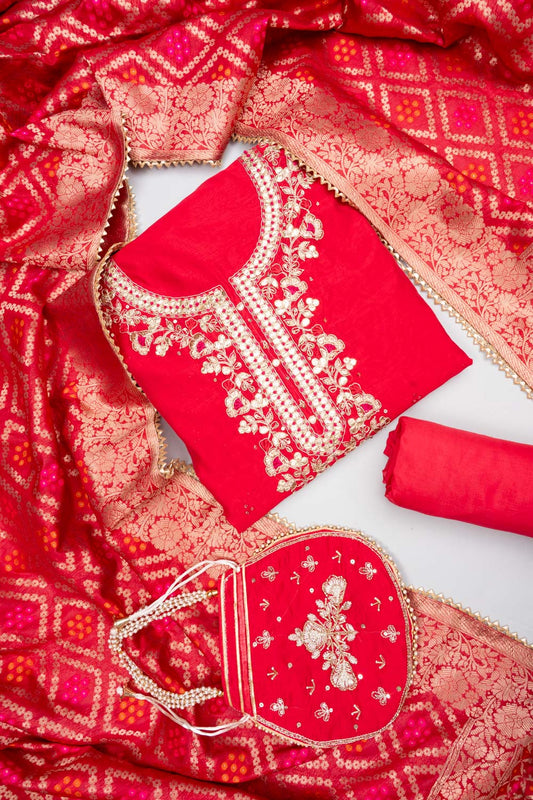 Grace Redefined Red Chanderi Cotton Unstitched Salwar Suit With Banarasi Cotton Dupatta