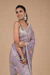 Mauve Sequence & Threadwork, Embroidered Organza Saree With Unstitched Blouse